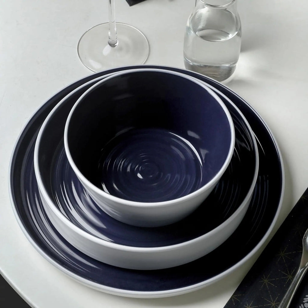 12-Piece Modern Dinnerware Set Stoneware, Plates and Bowl Sets for 4, Navy and White