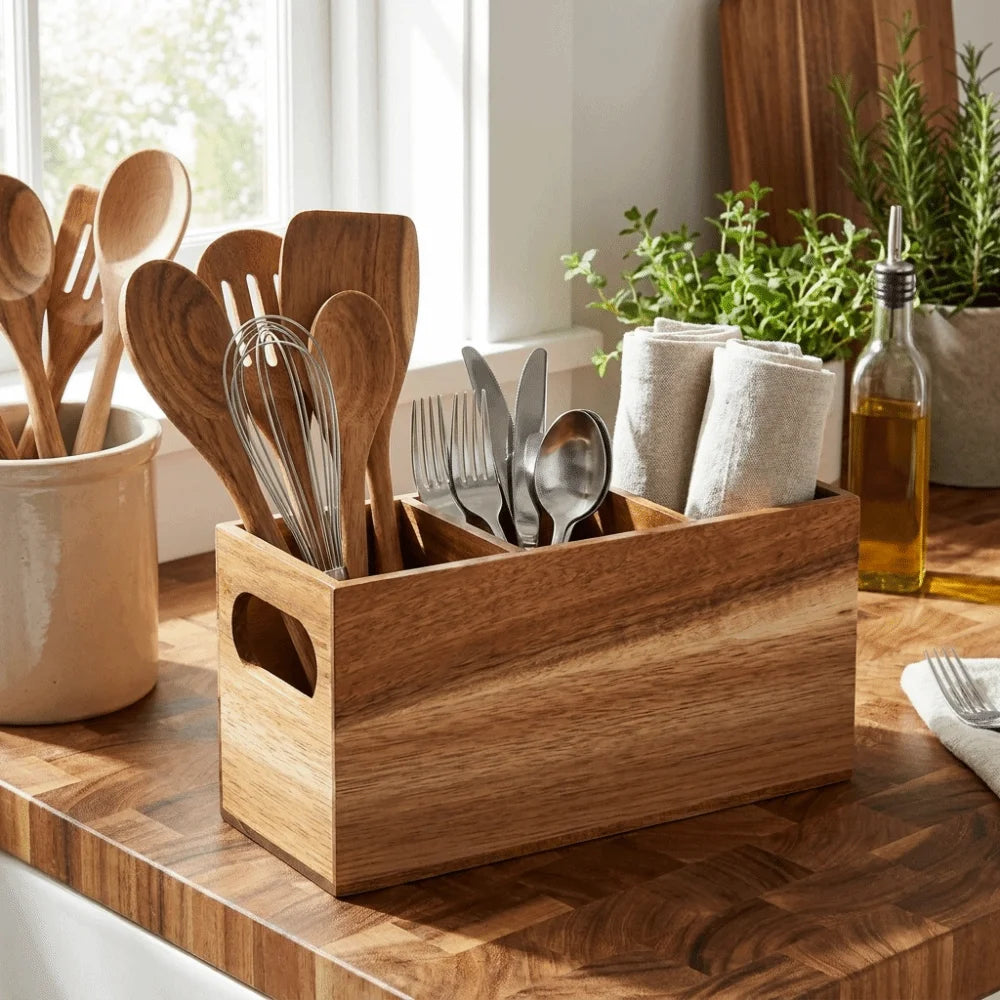 Kitchen Tools Wooden Utensil Organizer 3 Compartment Durable Storage Rack Space Saving Rustic Silverware Storage Box Countertop
