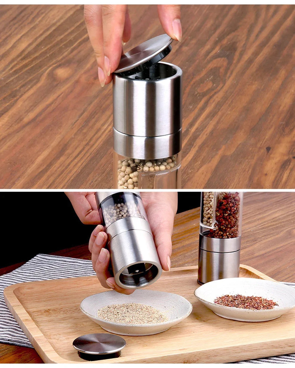 Double Head Pepper Grinder Stainless Steel Spice Bottle Pepper Mill Manual Spice Grinder Mill Household Kitchen Gadgets