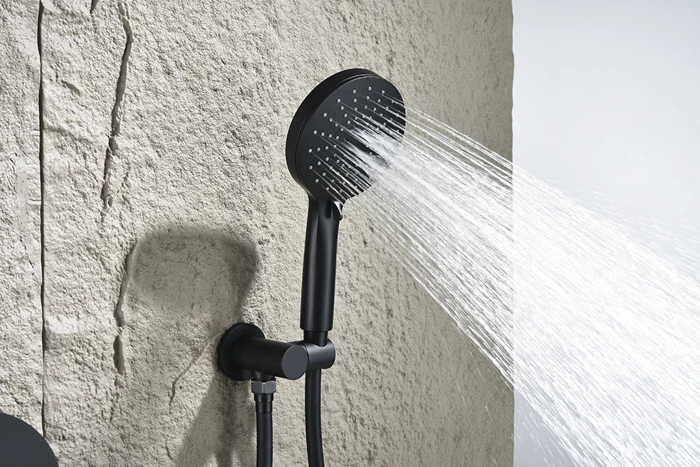 High End Matte Black Concealed Rain Shower System Modern Bathtub Thermostatic Shower Set 3 Modes Rainfall Bathroom Shower Faucet