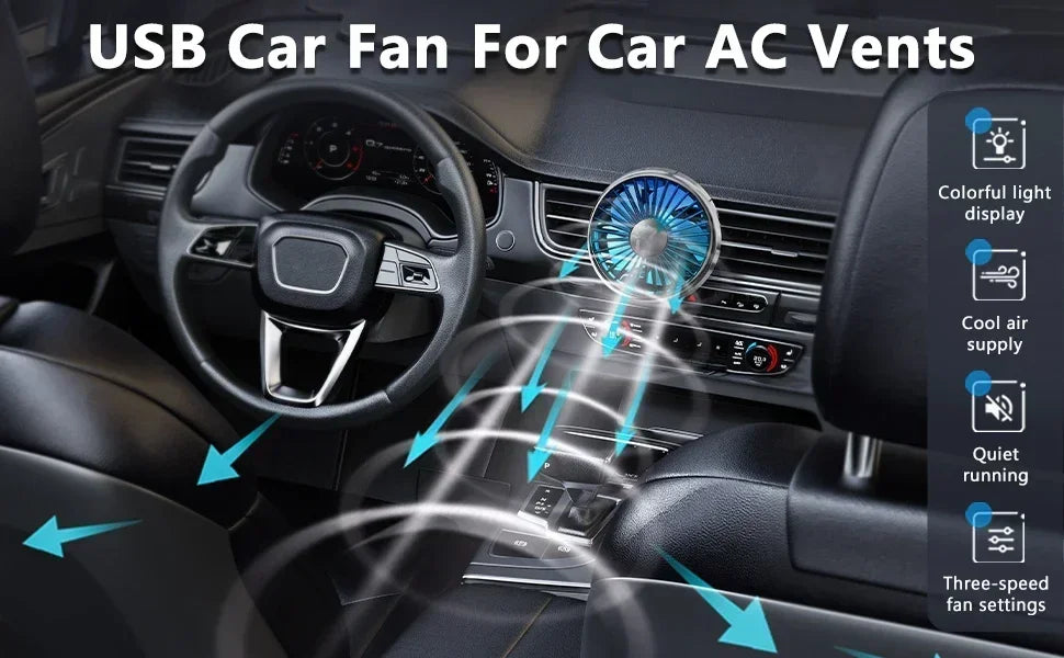 Car Air Vent Fan with Colorful Breathing Light USB Powered 3 Speed Wind Cooling Fan 360° Rotatable Quiet Fan Car AC Fans
