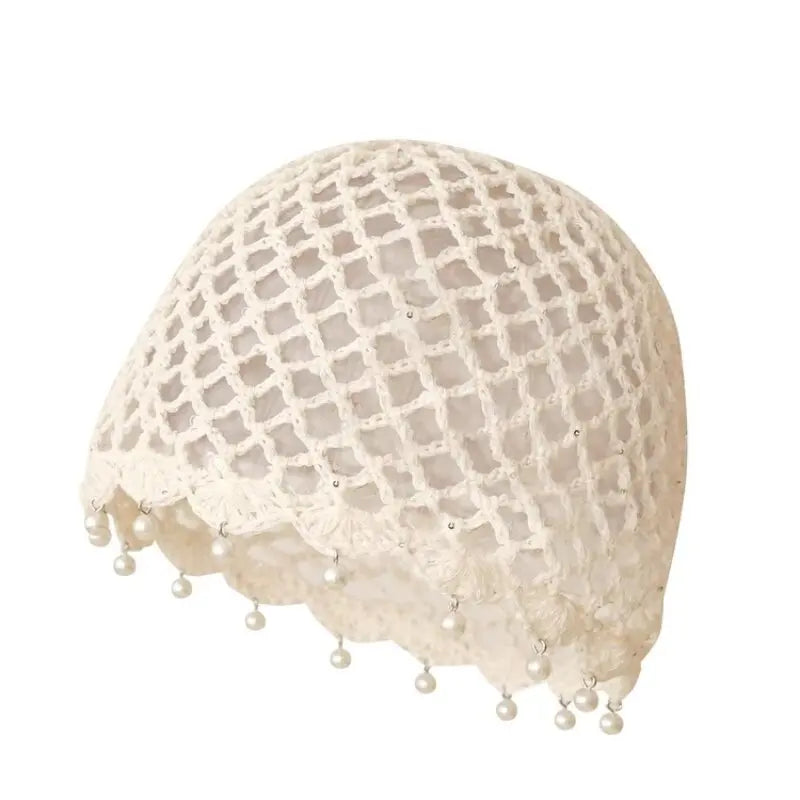 Fashion Hollowed Out Woven Pullover Hats Crochet Breathable Beret Cap Pearl Fringed Retro Beanies Cap for Women Summer Korean
