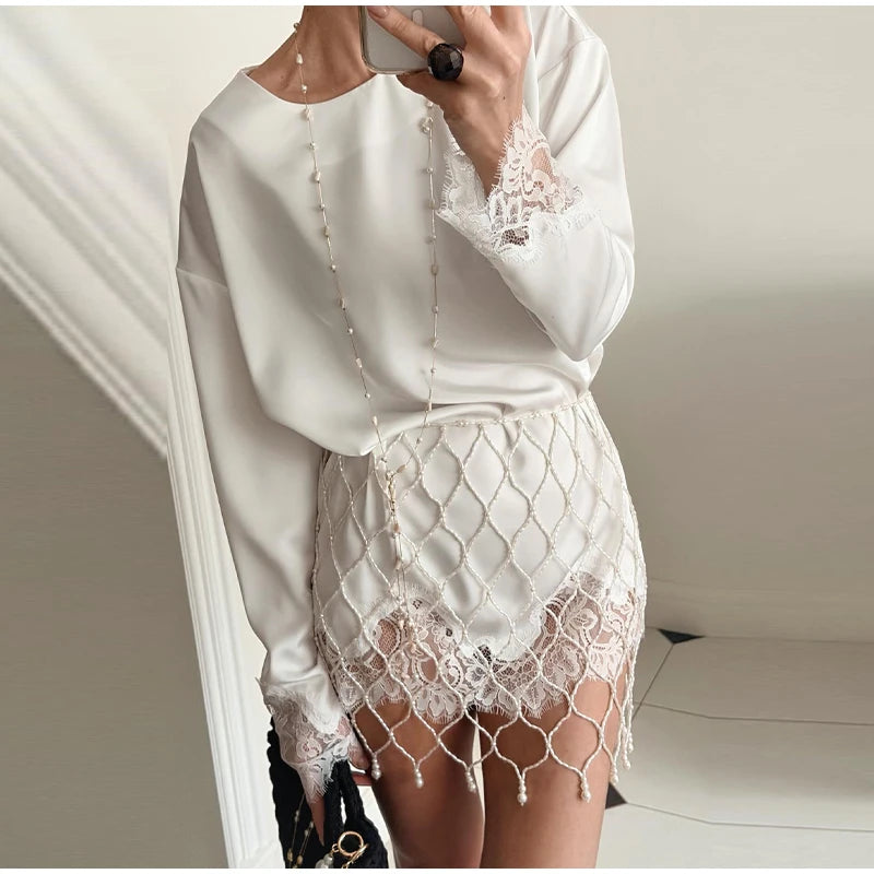 Elegant Lace Loose Dress Women Solid O-neck Full Sleeve Patchwork Dresses Female 2026 Summer White Robe Lady