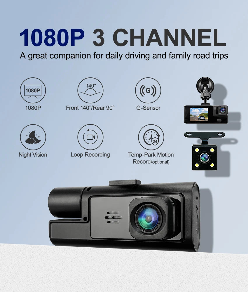HD 1080P Car DVR Dash Cam with 3 Lens Wide Angle Night Vision G-Sensor Loop Recording for Front Inside and Rear Vehicle Camera