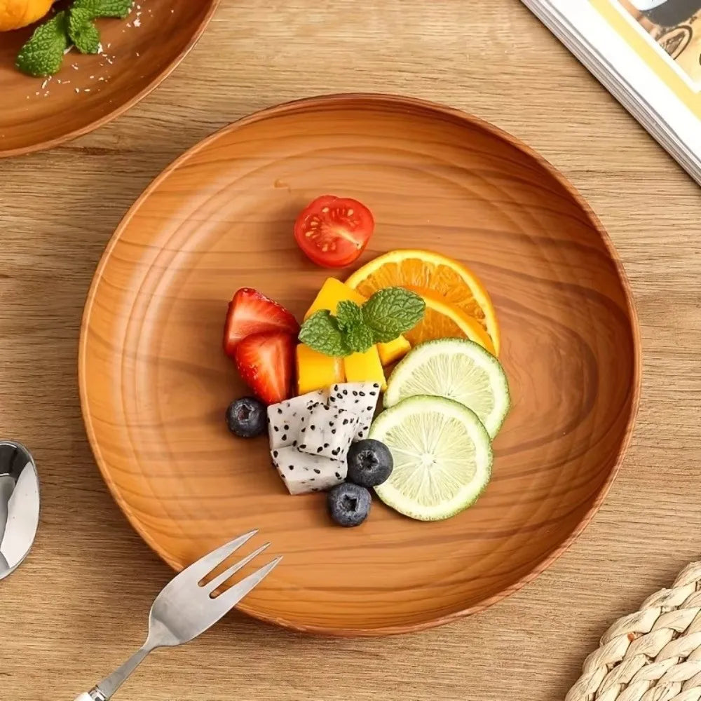 Kitchen Accessories Plastic Wood-Grain Round Tray Imitation Wood Multi-Purpose Tea Tray Dinner Plates Tea Coffee