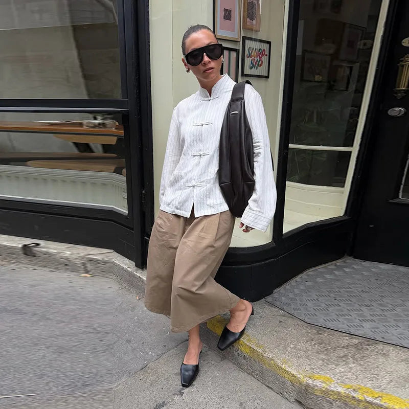Loose Women's Frog Buttons Mandarin Shirts See Through Stand Collar Full Sleeve Blouses 2026 Summer Lady Cotton Linen Outwear