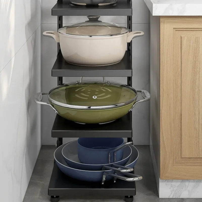 Kitchen Storage Rack Adjustable Plates and Pots Carbon Steel Storage Rack Free Layered Snap-on Floor Pot Rack Kitchen Storage