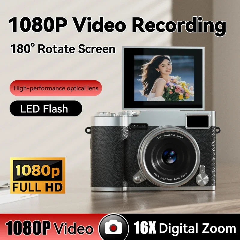 4K Flip Screen CCD Digital Camera 16X Zoom 1080P HD Vlogging Camera Travel Portable Digital Camera with Autofocus Beauty Filter