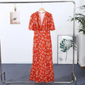 Sexy Deep V-neck Women's Floral Print Dresses 2026 Summer Elegant Waist-cinching Short Sleeve Pleated Long Robes Ladies Dress