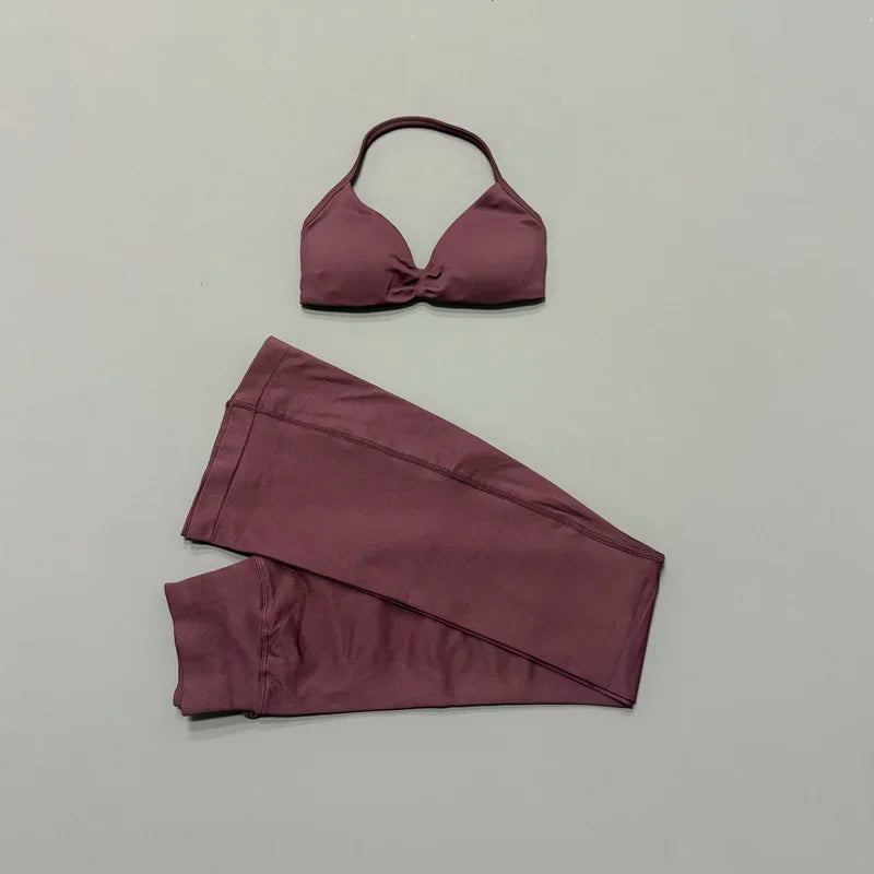 Sexy Women Flare Leggings Set Seamless Hip Lifting Fitness Flared Pants Suit Open Back Gym Strappy Bra Yoga Flares Legging Sets