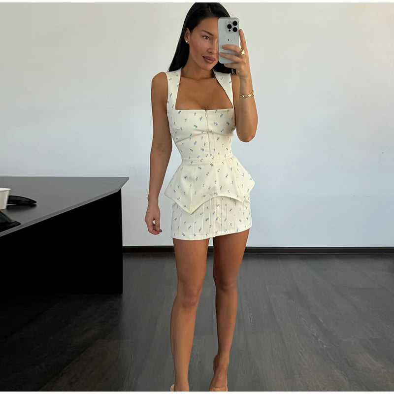Women's White Floral Print Wide-strap Cami Dress With Waistband Fashion Satin Bodycon Mini Dresses Lady 2026 Elegant Party Robes