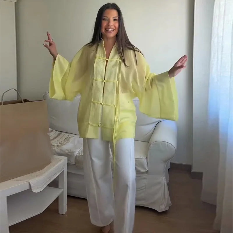 Loose Women's Frog Buttons Mandarin Shirts See Through Stand Collar Full Sleeve Blouses 2026 Summer Lady Cotton Linen Outwear