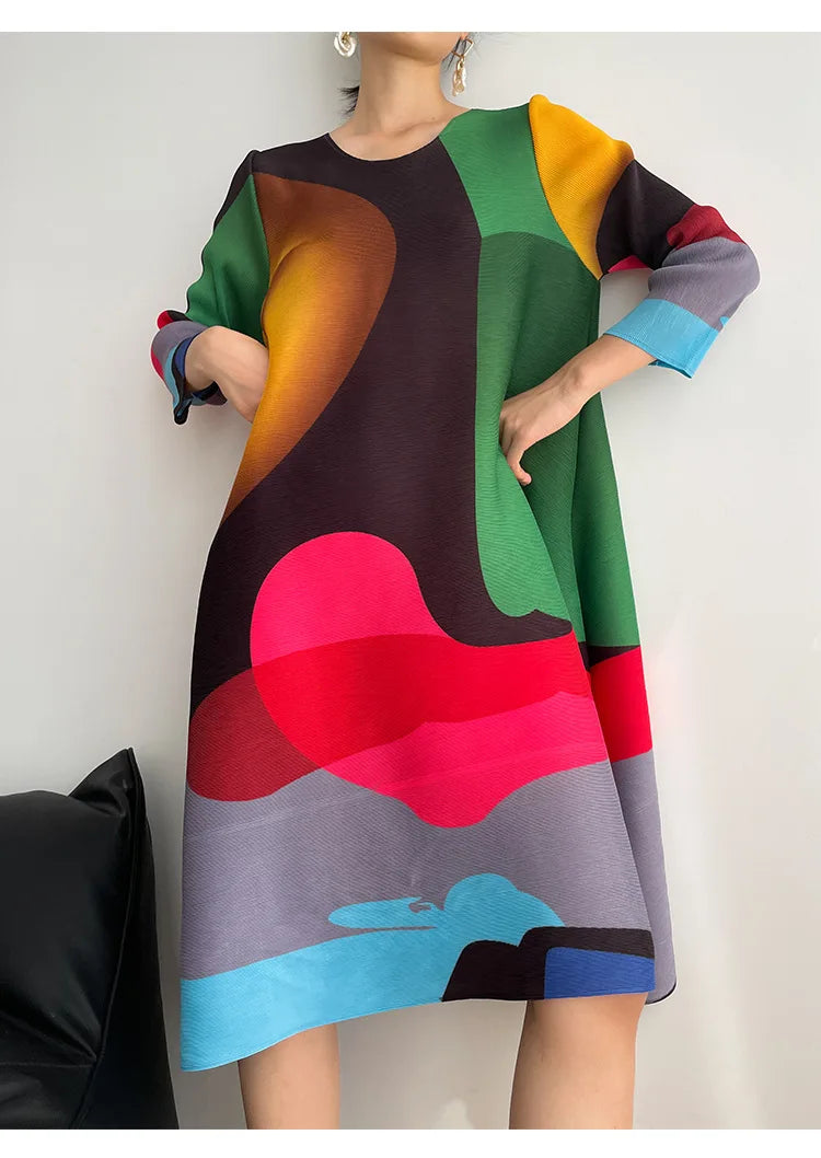 Miyake Pleated Print Dress 2024 New Early Spring Fashion Elegant A-line Swing Dress Elegant Women's Clothing High-quality