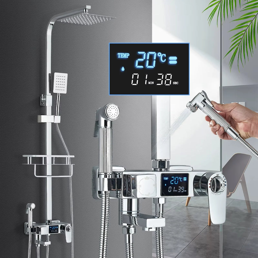 Chrome/Black Thermostat Shower Set Faucet 4 Ways Bathroom Faucet Rainfall Mixer Tap Digital Display Shower Set System Bathroom