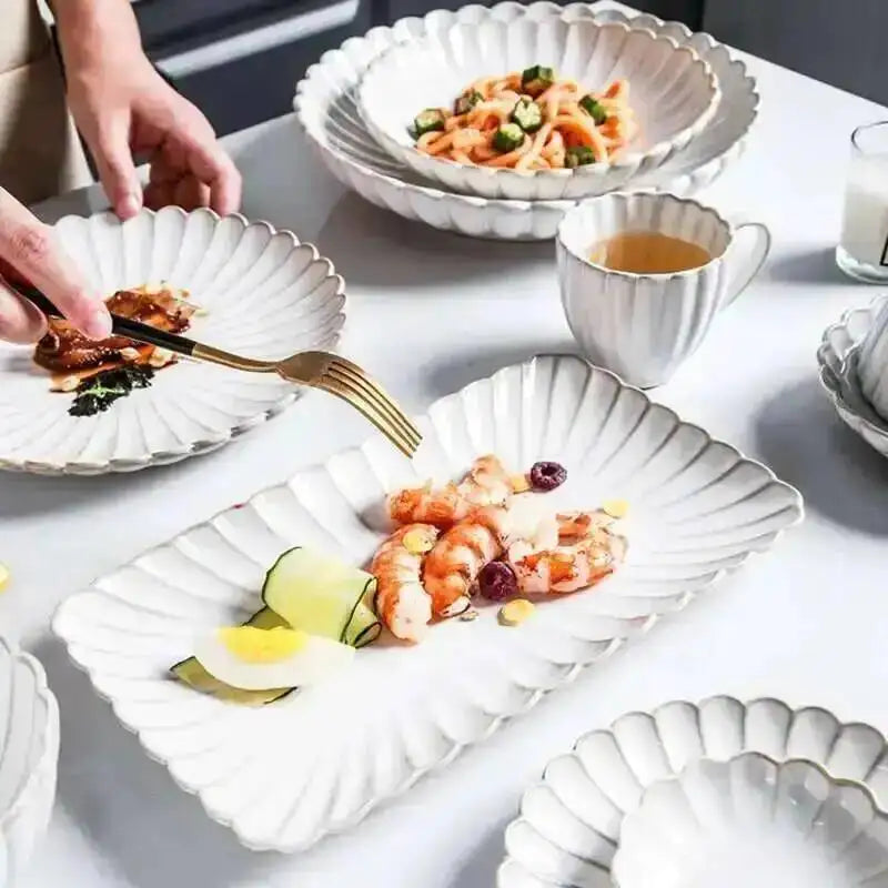Kiln Changing Japanese Dinner Plates Ceramic White Glaze Tableware Set Western Steak Dish Salad Bowl Spoon Home Hotel Dinnerware