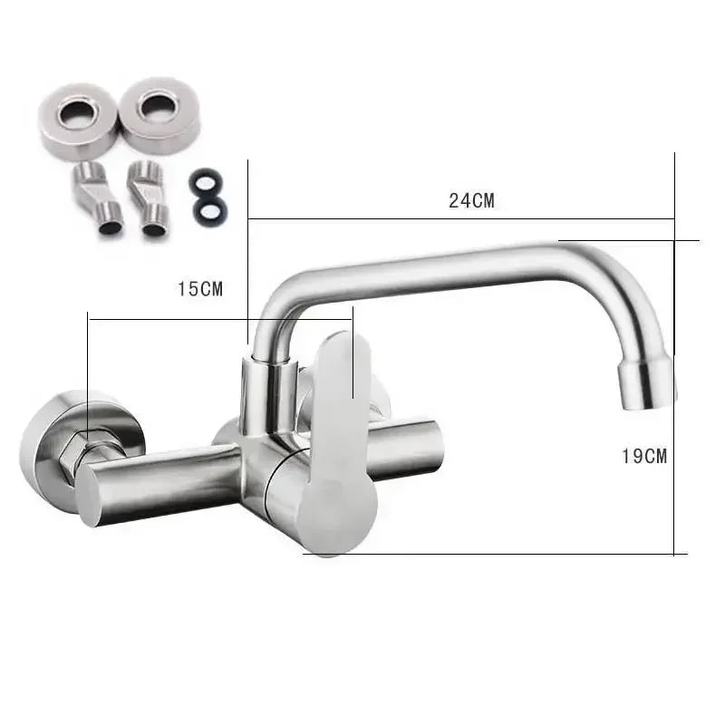 Stainless Steel Kitchen Faucet Wall Mounted Cold and Hot Tap Bathroom Basin Sink Faucet Universal Rotation Splash Proof Faucet