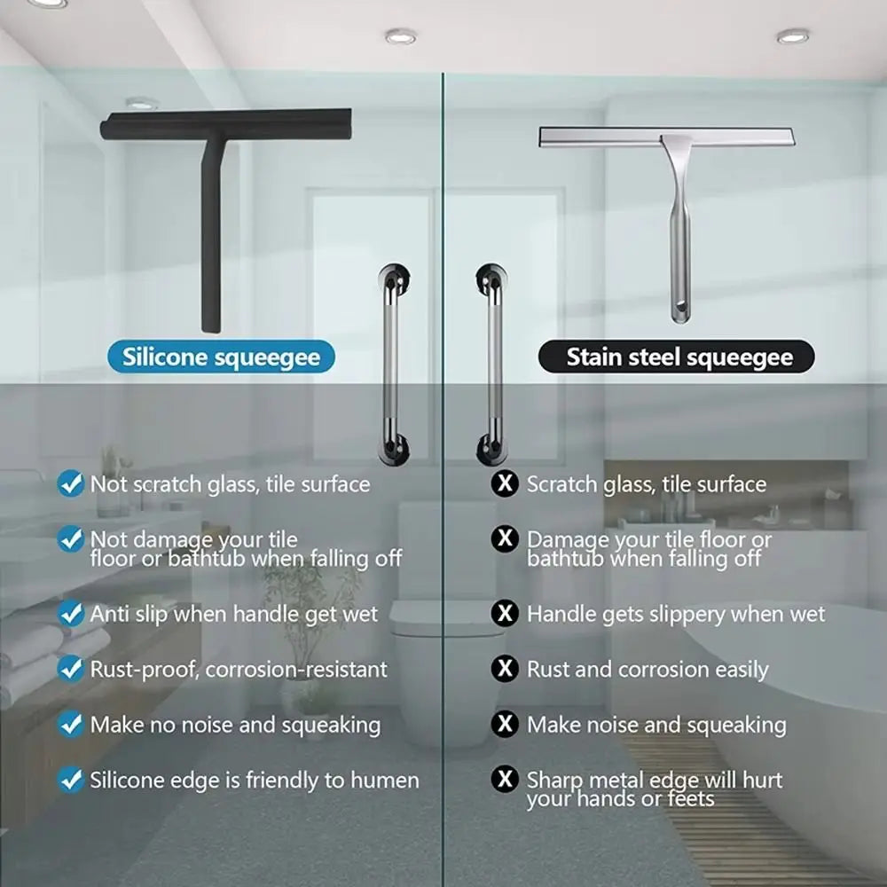 Matte Black Shower Squeegee Silicone Material Streak Free Glass Wiper With Handle Hanging Holder Silicone Squeegee