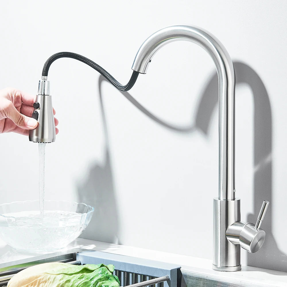304 Stainless Steel Pull Out Kitchen Faucet 360 Rotate Shower/Stream Sprayer Head Mixer Hot and Cold Water Tap Deck Mounted