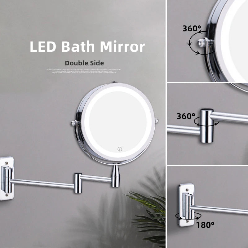 Wall Mounted Folding Arm Extend Bathroom Mirror With LED Light 10X Magnification Double Side Touch Dimming Makeup Mirrors