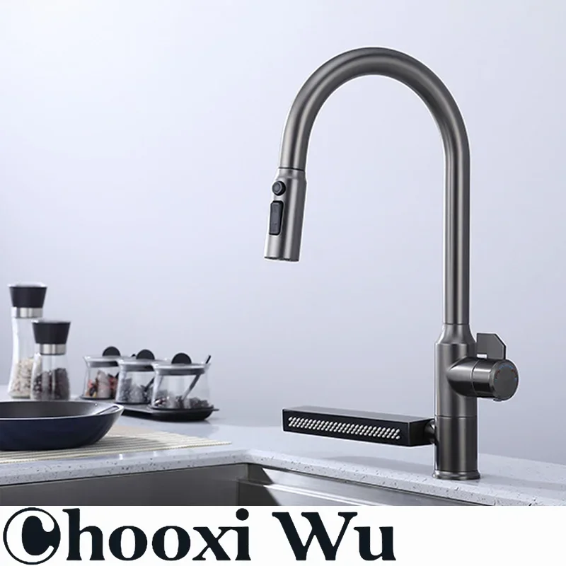 304 Stainless Steel Kitchen Faucet with Waterfall Sink Countertop Installation Hot Cold Mixer 360° Rotation for Kitchen