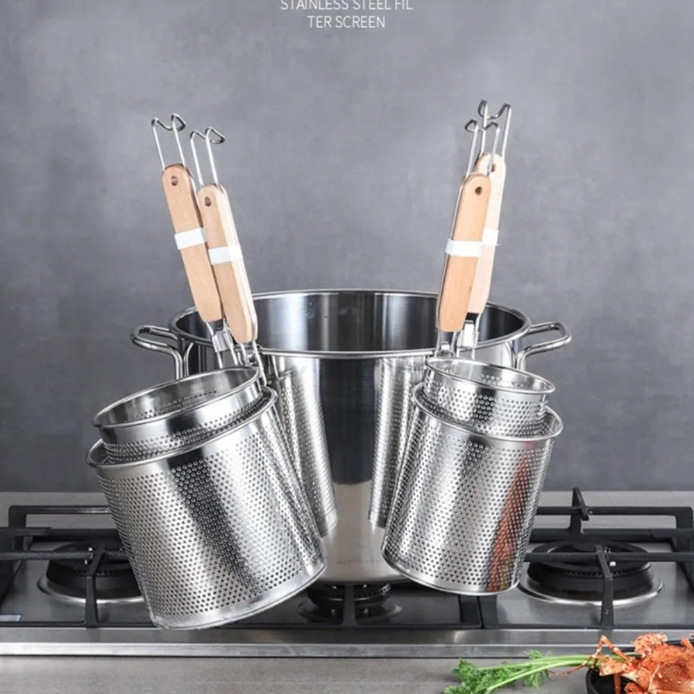 Durable Thickened Stainless Steel Funnel Wooden Handle Multifunctional Pasta Basket Strainer Kitchen Gadgets Deep Fry Basket