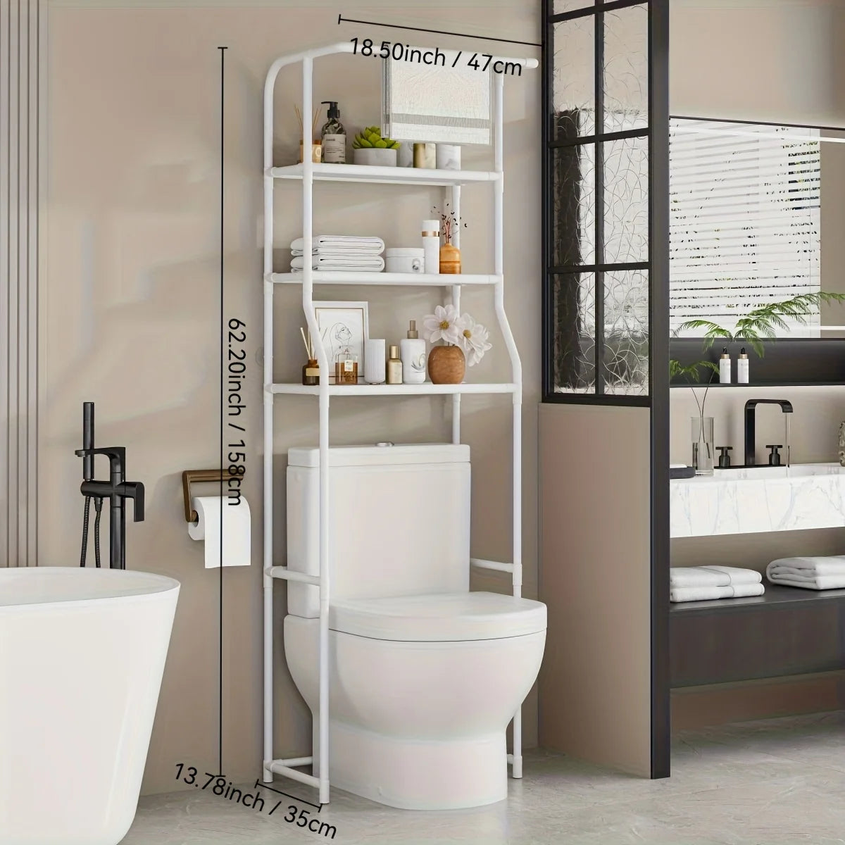 Bathroom Toilet Storage Rack, Balcony Washing Machine Shelf, Multi-Layer Metal Storage Rack with Toilet Paper Holder