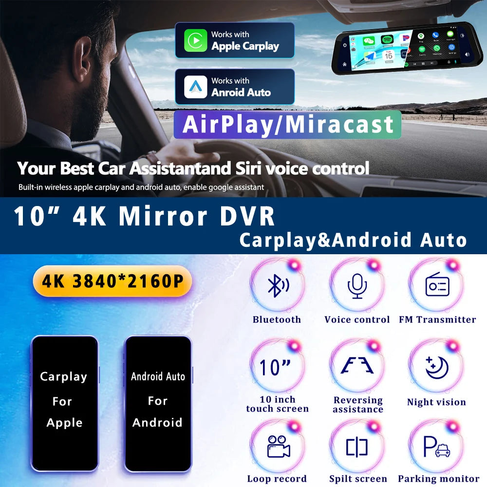 4K 3840*2160P Dash Cam Carplay Android-Auto Car DVR Dual Len 5G Wifi GPS BT FM Video Drive Recorder Stream Mirror Dashcam Camera