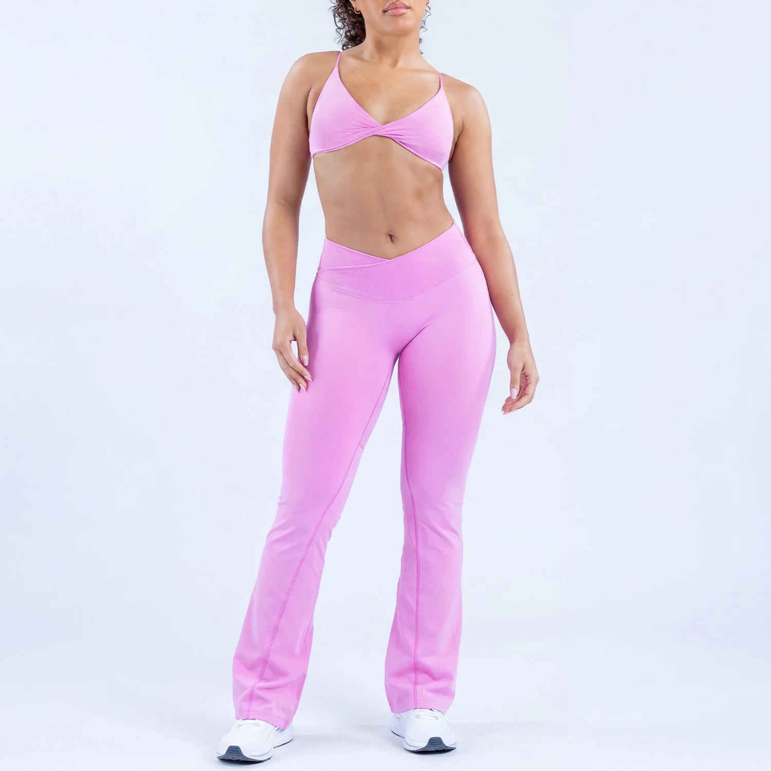 LOG0 Women Yoga Set Twist Front Sports Bra V Waist Flare Pants Seamless Gym Workout Fitness Activewear Sportswear 2 Piece Set