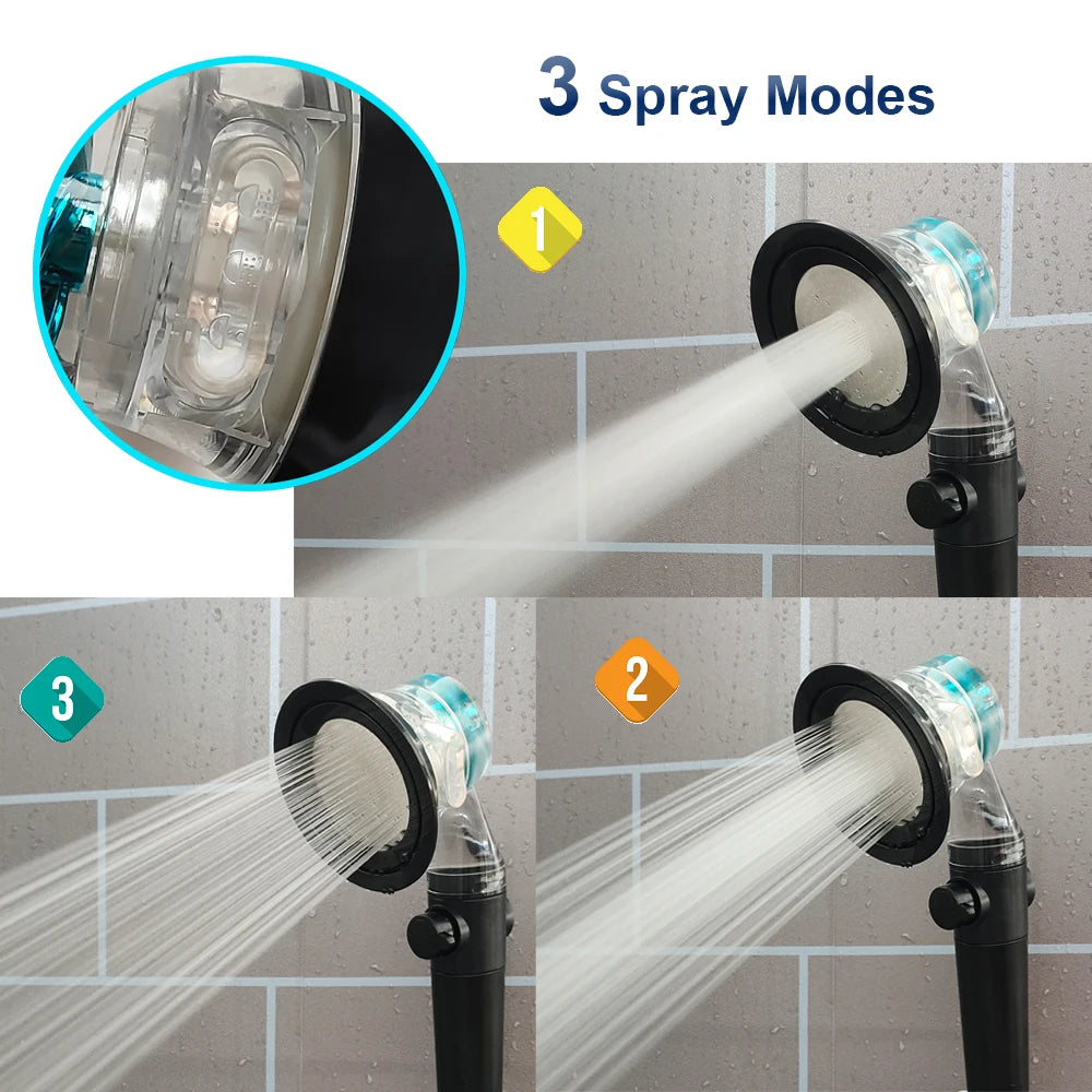 Turbo Propeller Big Boost Shower Head With Filter Stop Button 3 Modes Adjustable Spray Nozzle High Pressure Bathroom Shower Head