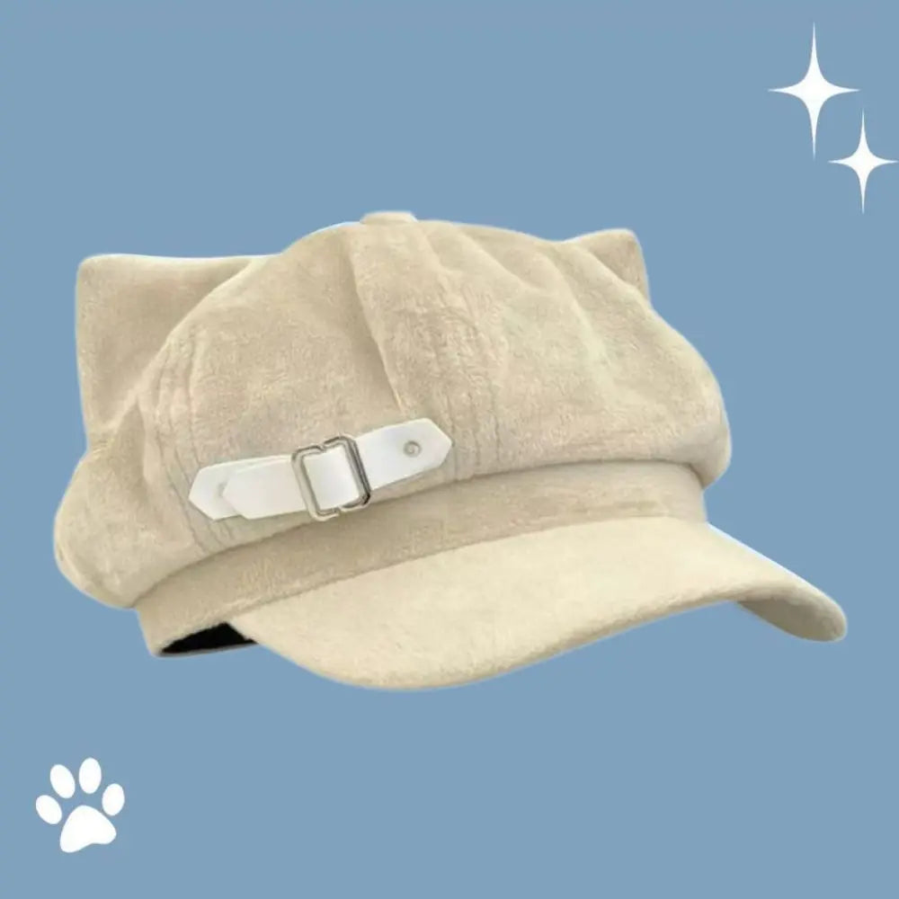 Cute Cat Ears Women's Beret Anime Cat Paw Pattern Newsboy Cap Japanese Style Sweet Baseball Cap Everyday Outfits