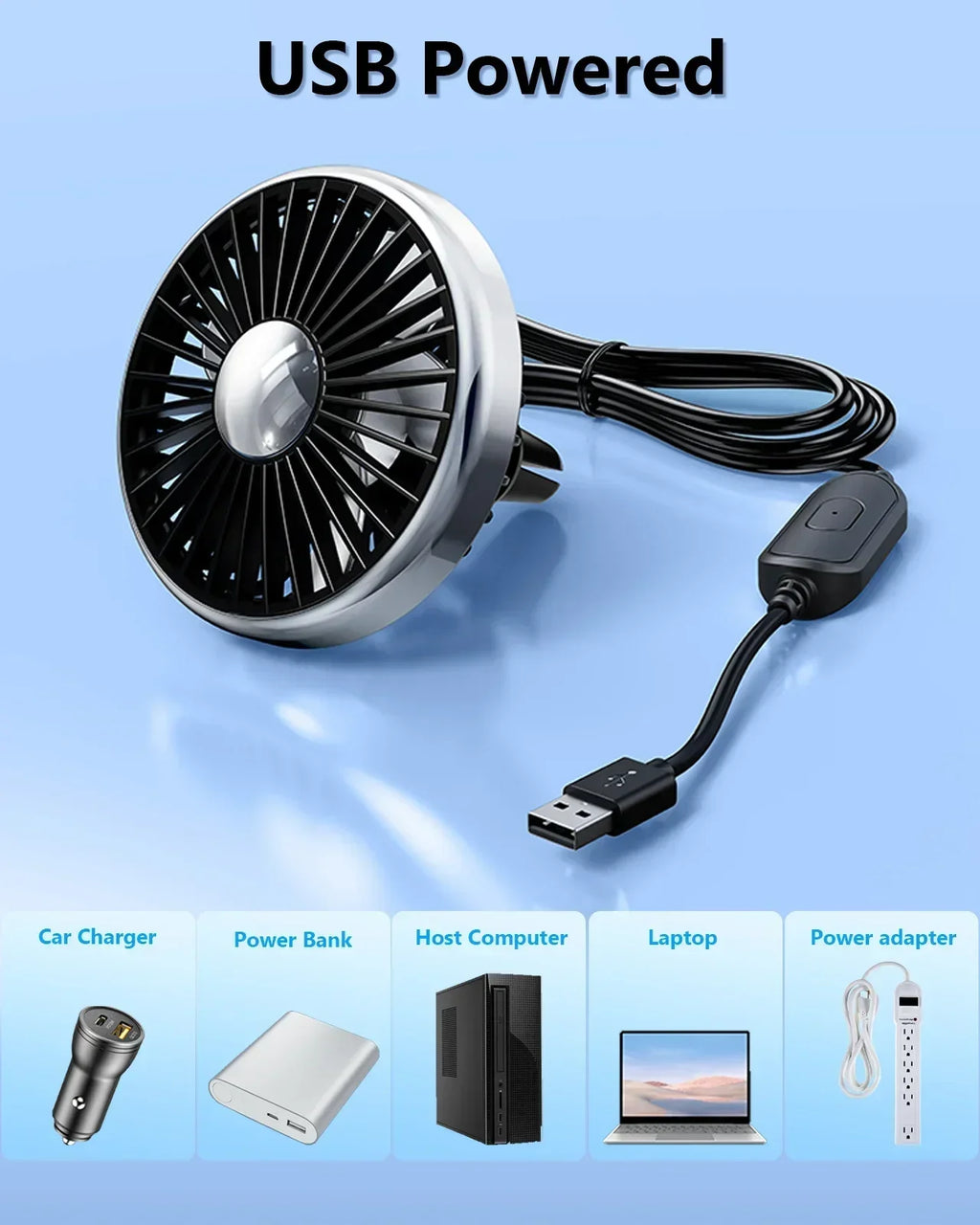 Car Air Vent Fan with Colorful Breathing Light USB Powered 3 Speed Wind Cooling Fan 360° Rotatable Quiet Fan Car AC Fans