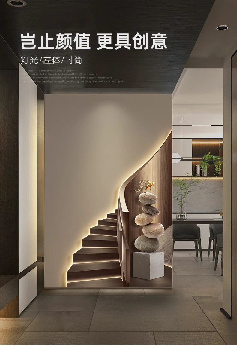 Modern light luxury entrance foyer light painting, stairway-shaped mural, spatial extension effect hanging painting, LED ambient
