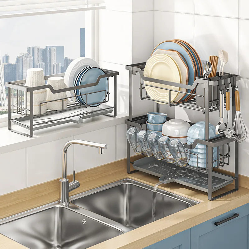 Kitchen Rack Double Layer Dish Sink Storage Rack Drain Rack Multifunctional Household Bowls, Plates, Chopsticks and Cup Rack