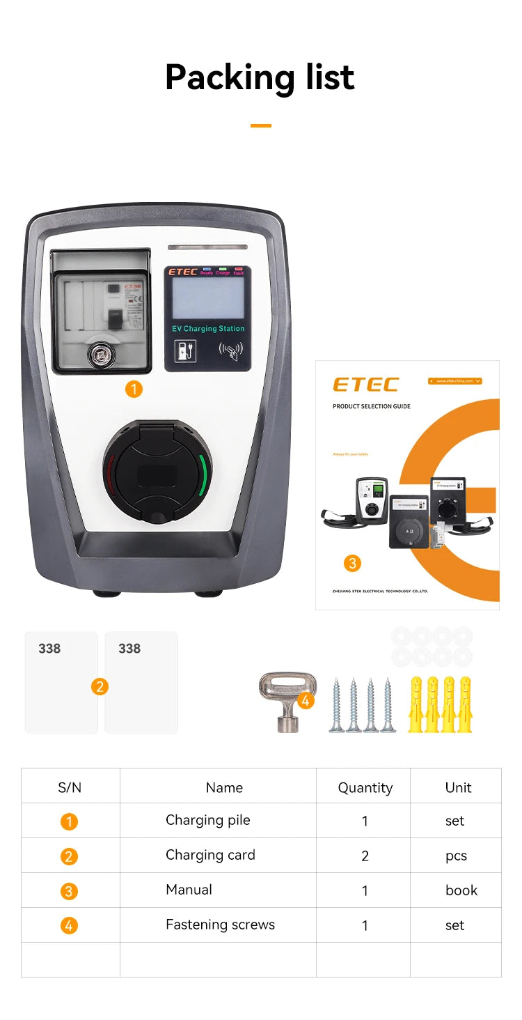 ETEC with socket Electric vehicle Type 2 plug 22kW 32A three-phase Modbus home electric vehicle charging pile EKEC1.