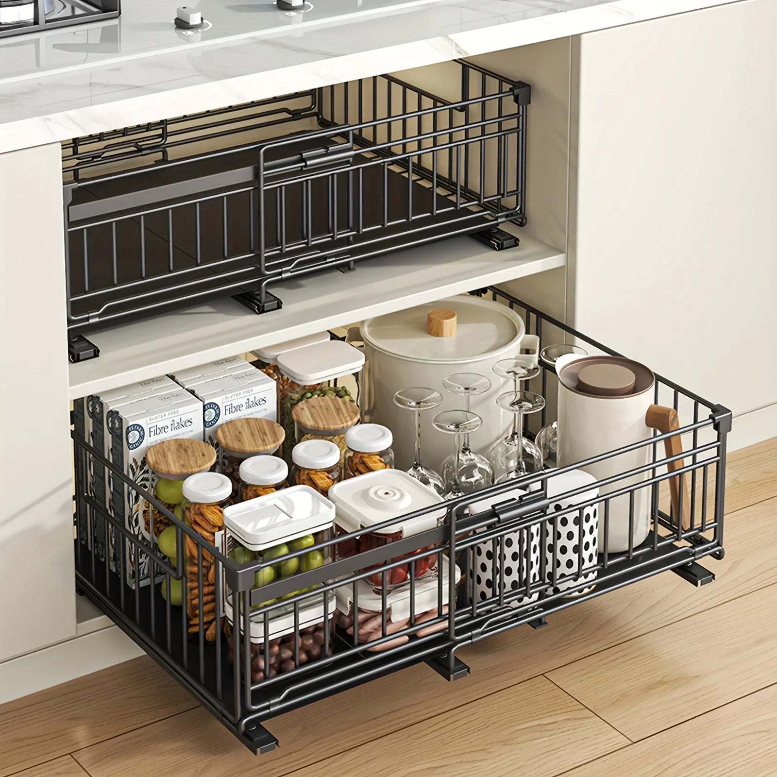 Telescopic Kitchen Organizer - Adjustable Pull-Out Shelf, Space-Saving Cabinet Storage System with Sturdy Metal Construction