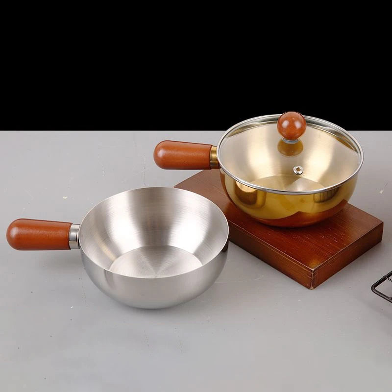 1Pc Stainless Steel Cooking Pot With Wooden Handle Compact Small Noodle Pot For Baby Food Milk Snacks Kitchen Gadgets