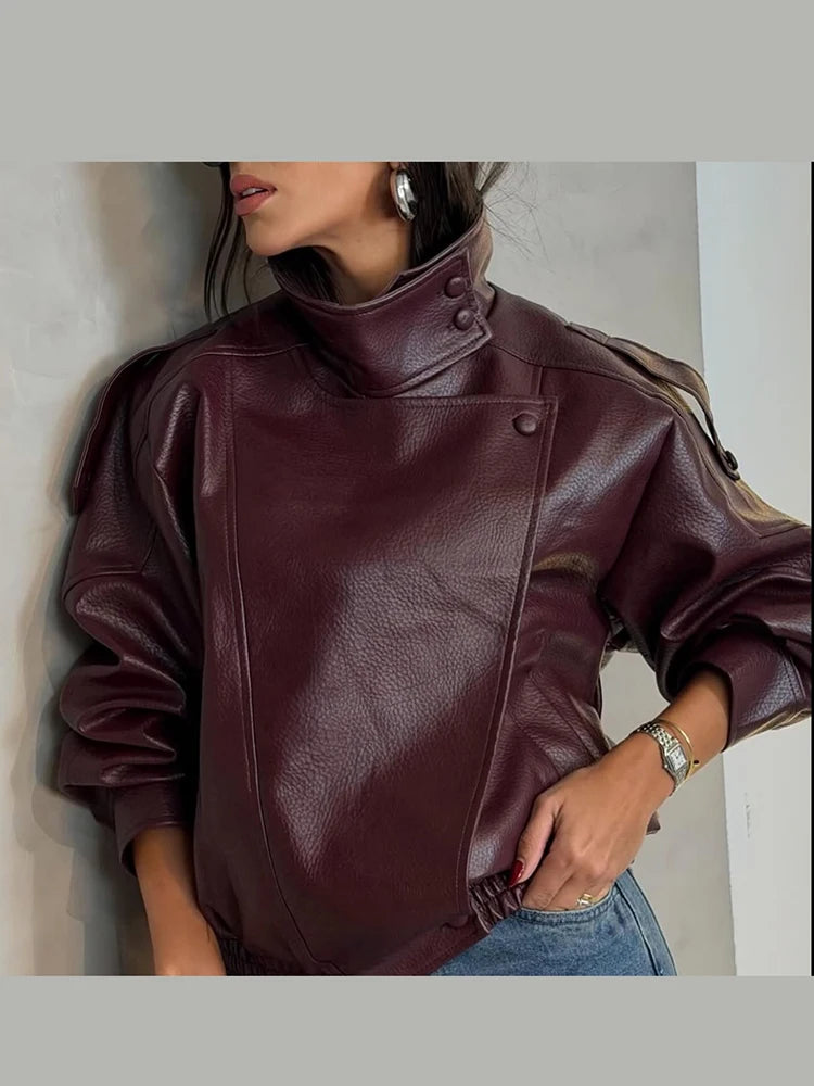 Fashion Black Faux Leather Short Jackets Women Retro High Neck Long Sleeve Oversized Coats Lady Autumn Winter Classic Streetwear