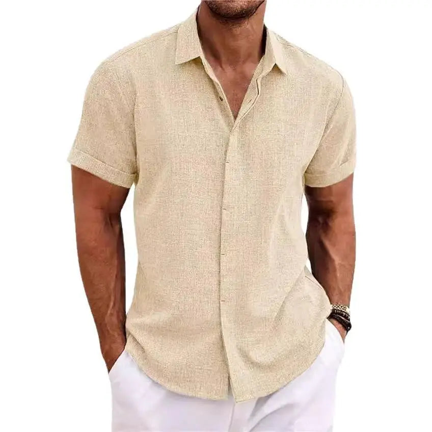Men's Casual Beach Lightweight Linen Sve Shirt Color Standard Fit Short Sleeve Cleanfit PU Leather Inner Wear Pure Color
