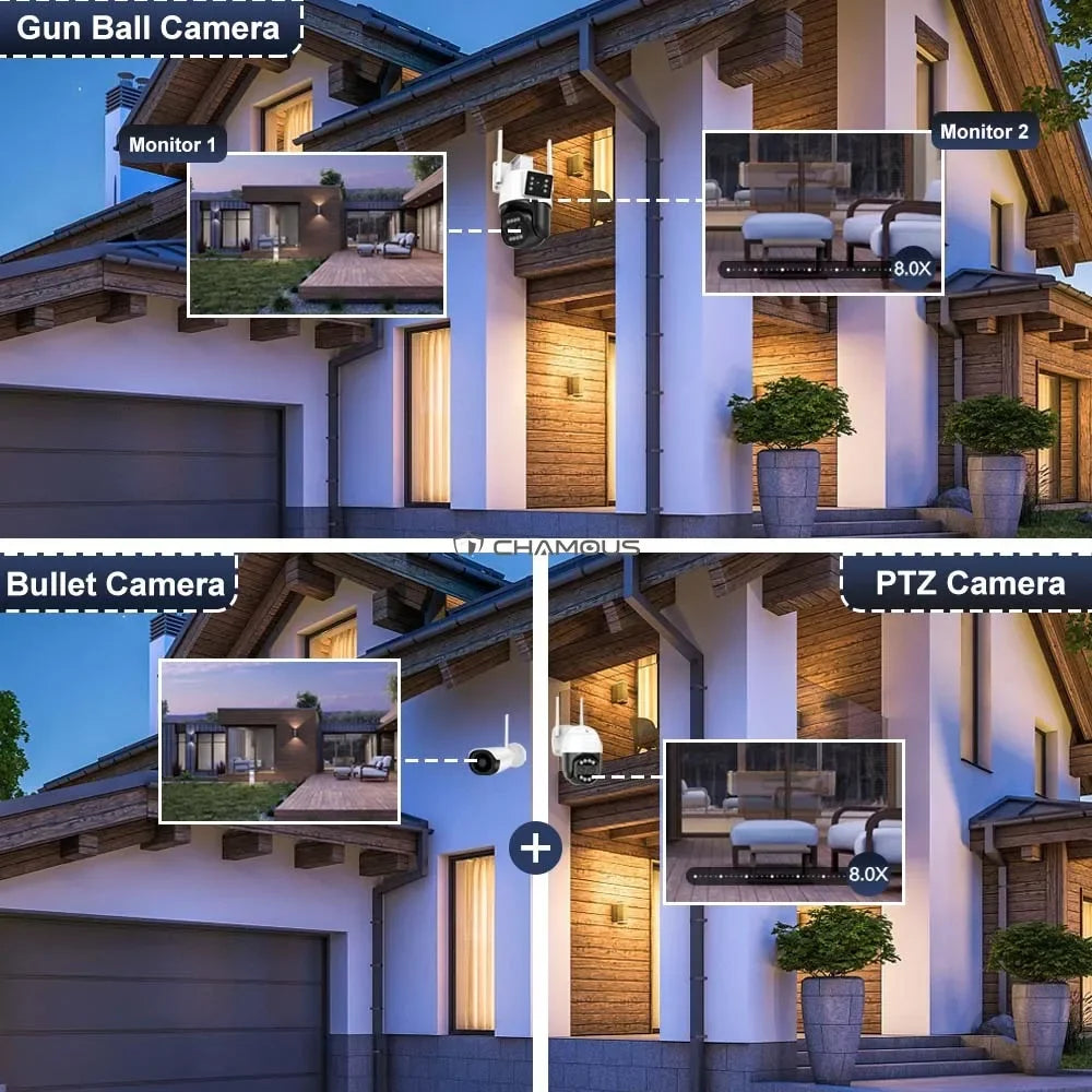 WiFi Surveillance Camera Four Lens Four Screen 8K 16MP IP Camera 8X Optical Zoom Auto Tracking CCTV Alexa ICsee New Security Cam