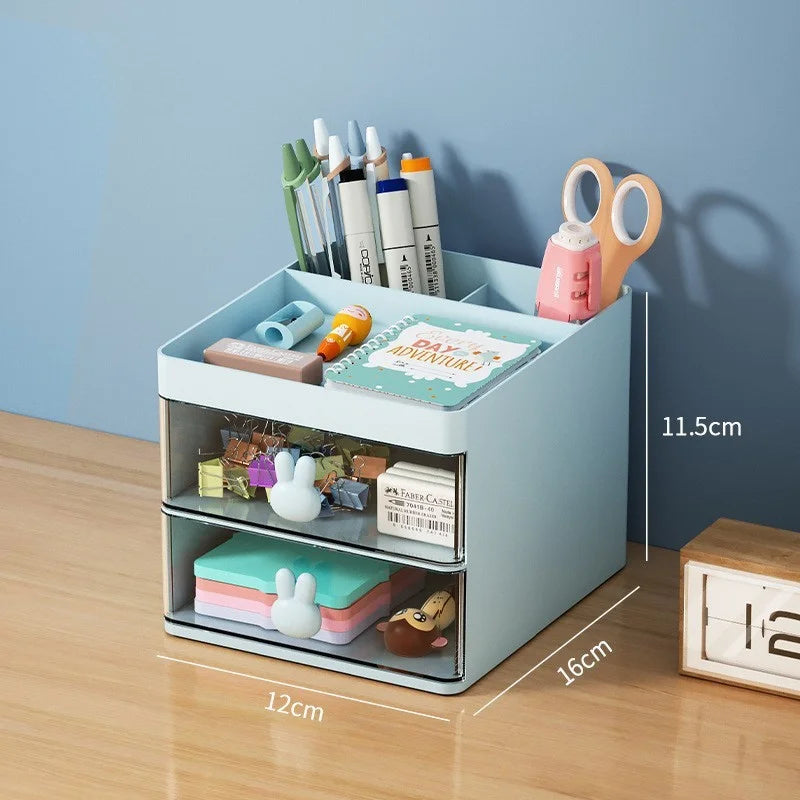 Desk Organizer with 2 Drawers, Multi-Compartment Plastic Desktop Storage Box for Stationery, Makeup & Office Supplies