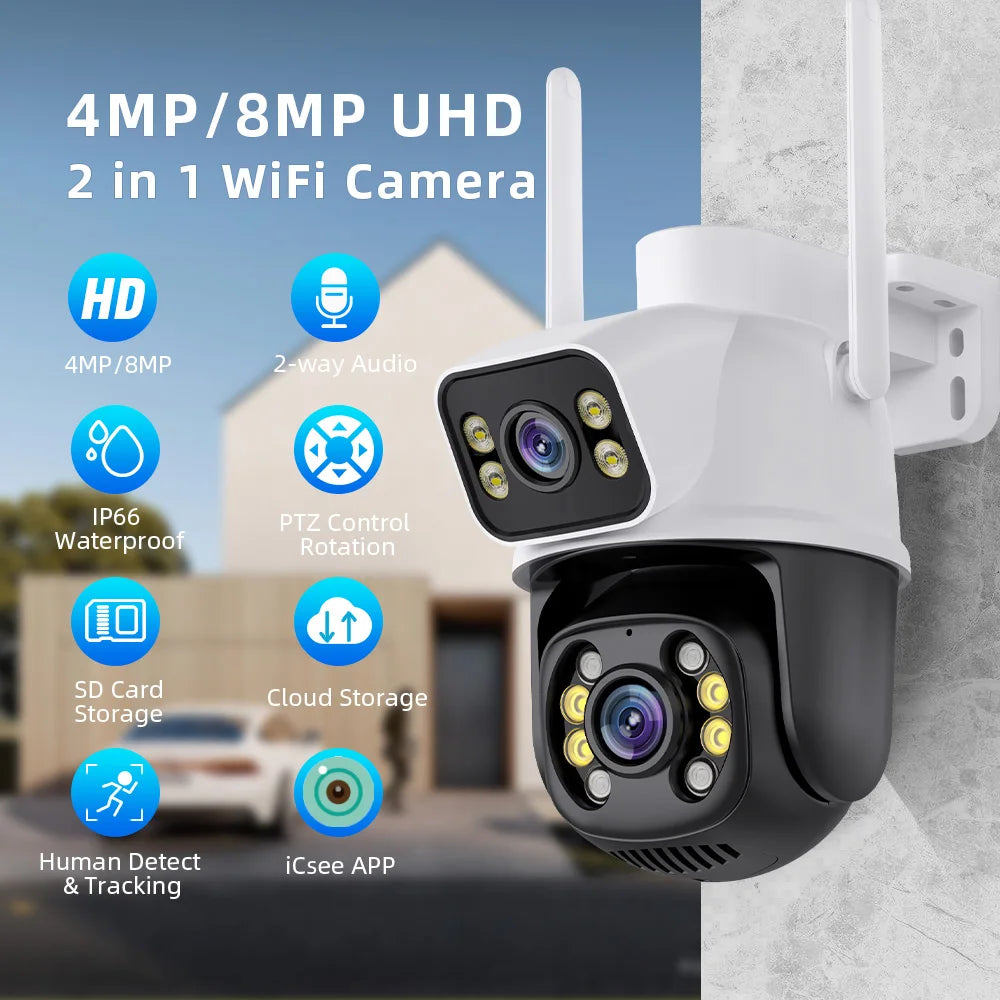 Wifi Surveillance Cameras 4K Waterproof Outdoor Wireless Security Camera Dual Lens Security-Protection ICsee IP Camera AI Track