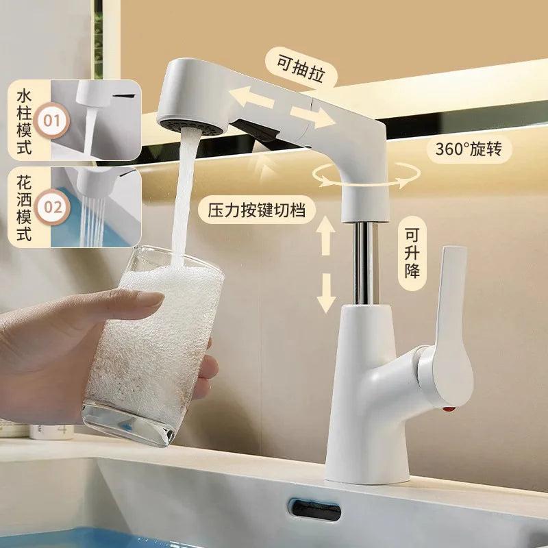 Bathroom Sink Faucet with Pull Out Sprayer Single Handle Single Hole 2 Spray Modes Bathroom Faucet Hot & Cold Water Mixer Tap