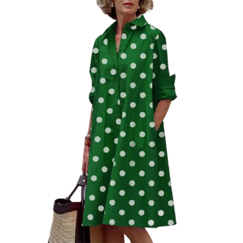 Uoozee Women's Fashion Polka Dot Lapel Shirt Dress 2026 New Spring Long Sleeves Loose Elegant Urban Casual Office Midi Dresses