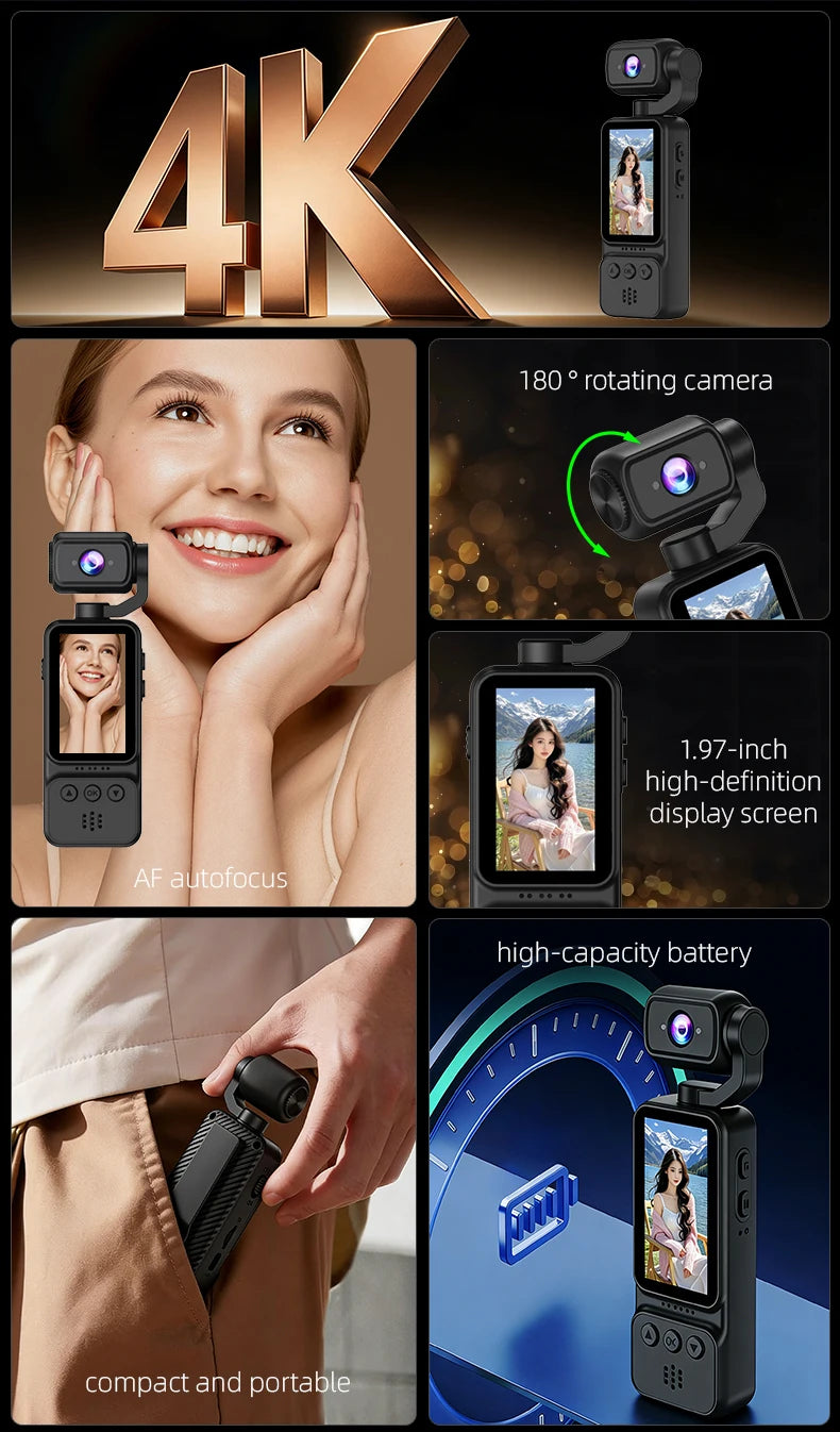 1080P HD Video Recording Camera - High Definition 180° Manual Rotation Lens Camera, Portable Rechargeable Vlog Camera