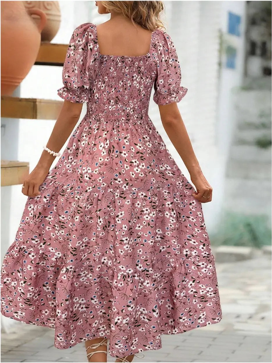 Spring and Autumn Women's Square Neck Short Sleeve Long Skirt Fresh Printed Casual Fashion Slight Backless Temperament Dress