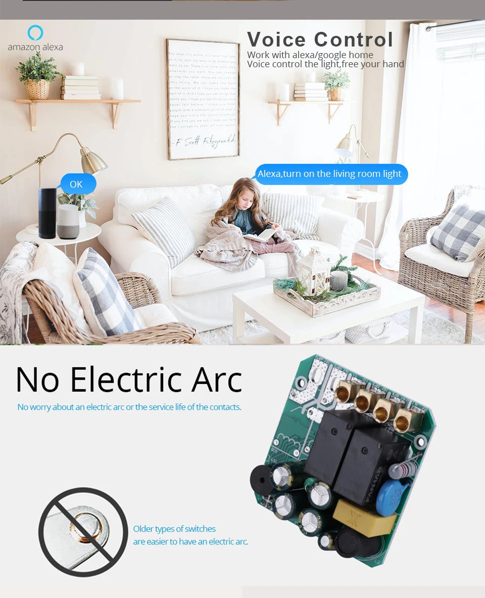 Tuya WiFi Smart Switch Works With Alexa With/Without Neutral Wire Touch Light Switch Wireless RF433 Wall Remote Voice Control