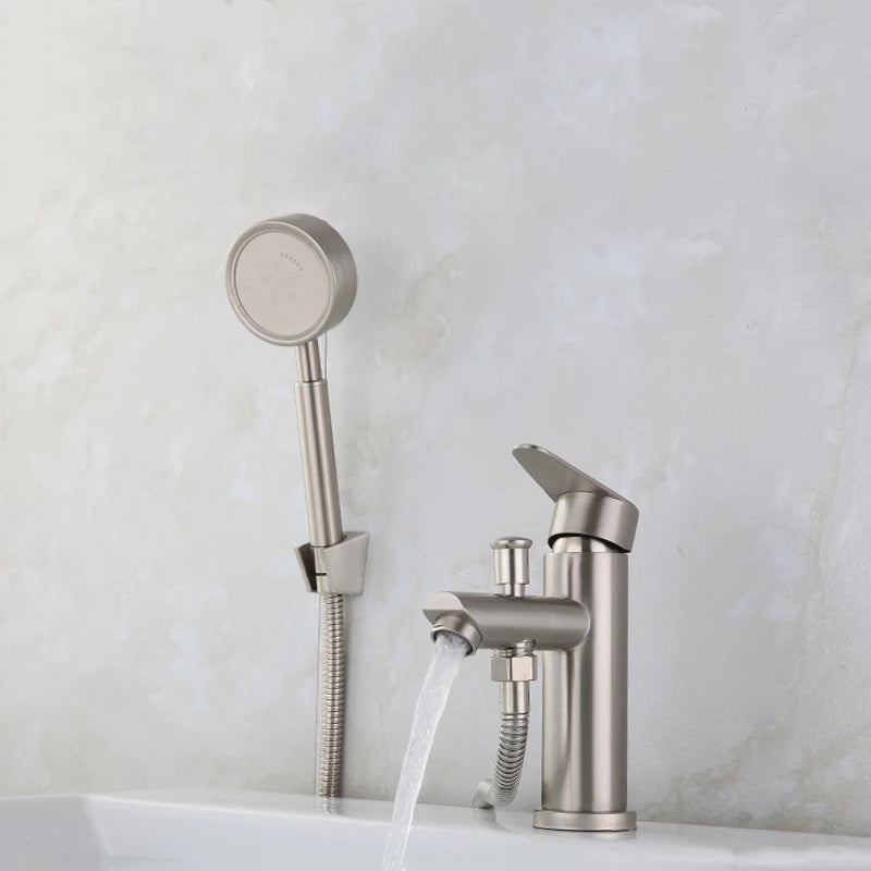 Bathroom Basin Faucet Stainless Steel Single Handle Sink Faucets Cold and Hot Water Mixer Bathtub Tap with Shower Set