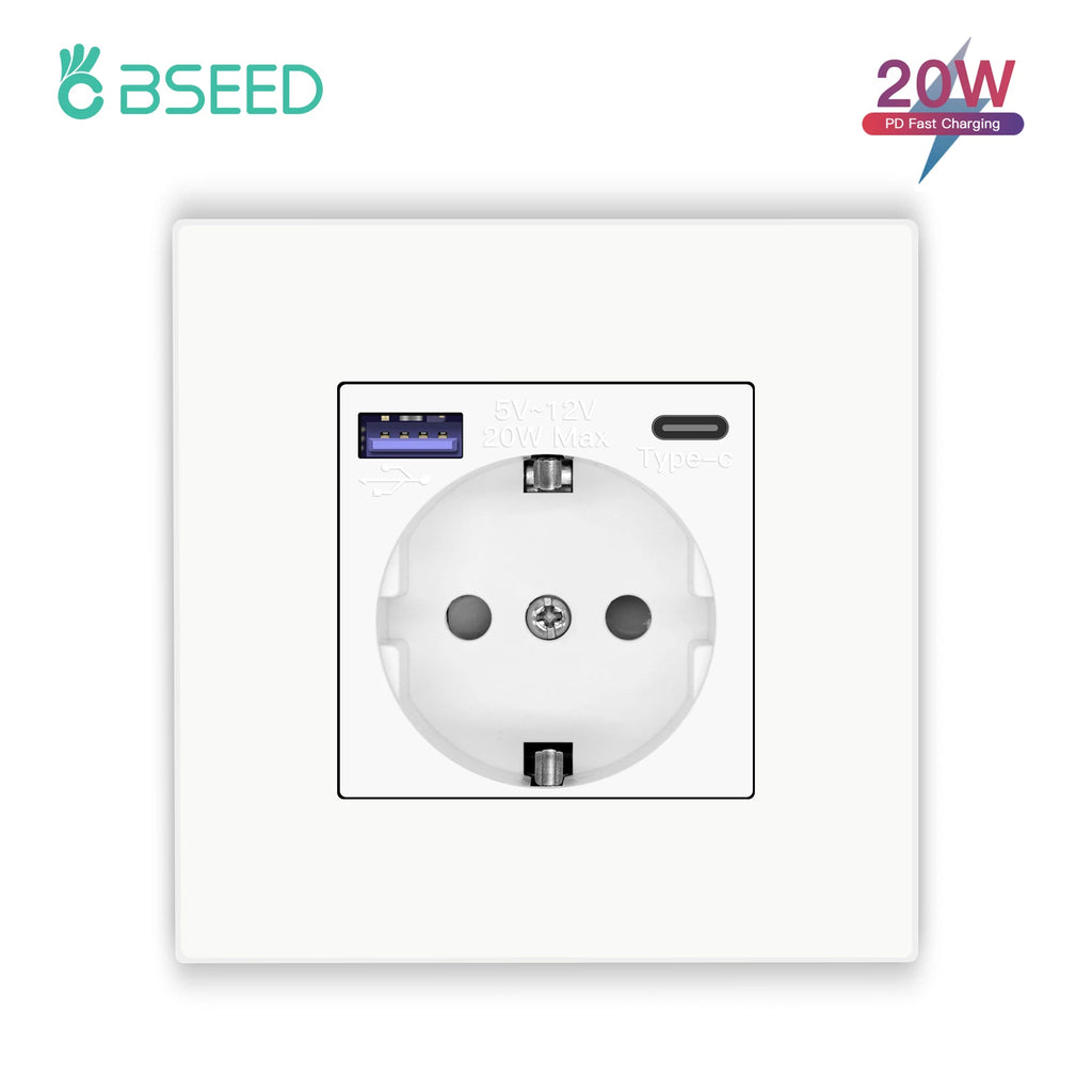 BSEED EU Wall Sockets Type-C USB Power Sockets Double Electric Sockets Triple Outlets Plastic Frame Germany Socket With Dual USB