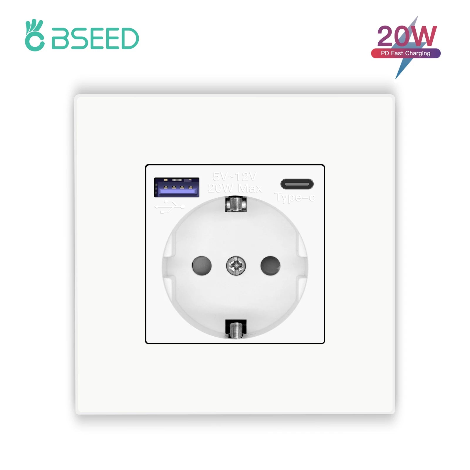 BSEED EU Wall Sockets Type-C USB Power Sockets Double Electric Sockets Triple Outlets Plastic Frame Germany Socket With Dual USB