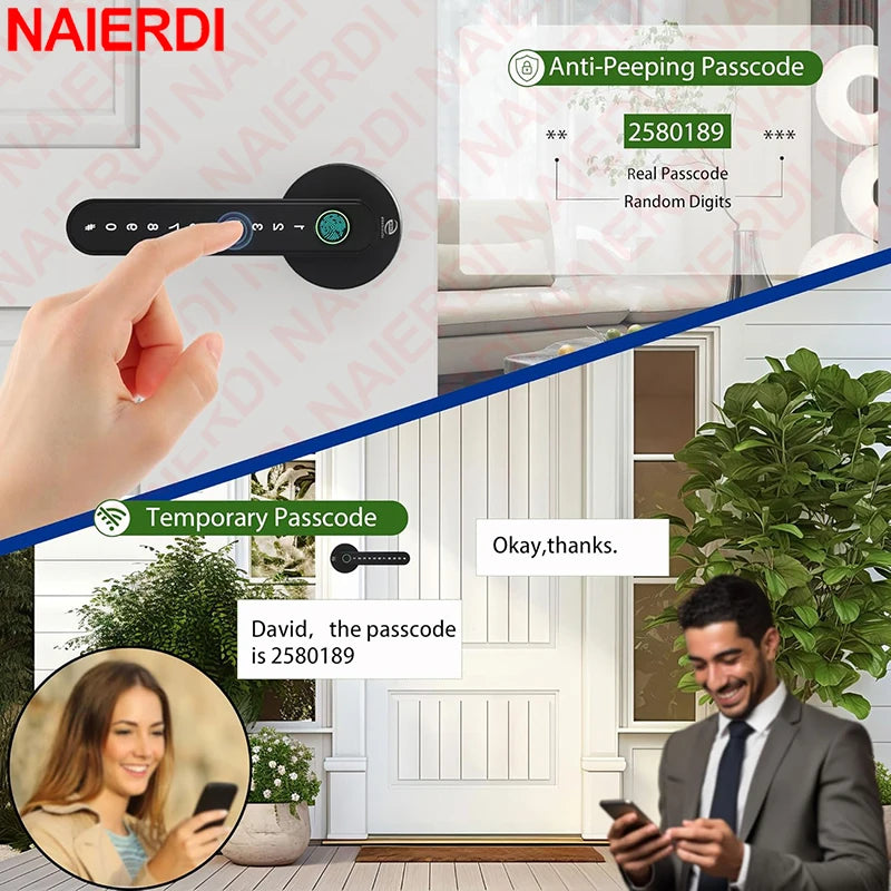 NAIERDI Smart Fingerprint Door Lock Tuya APP Bluetooth Keypad Card Entry Door Lock with Handle for Home Apartment Bedroom